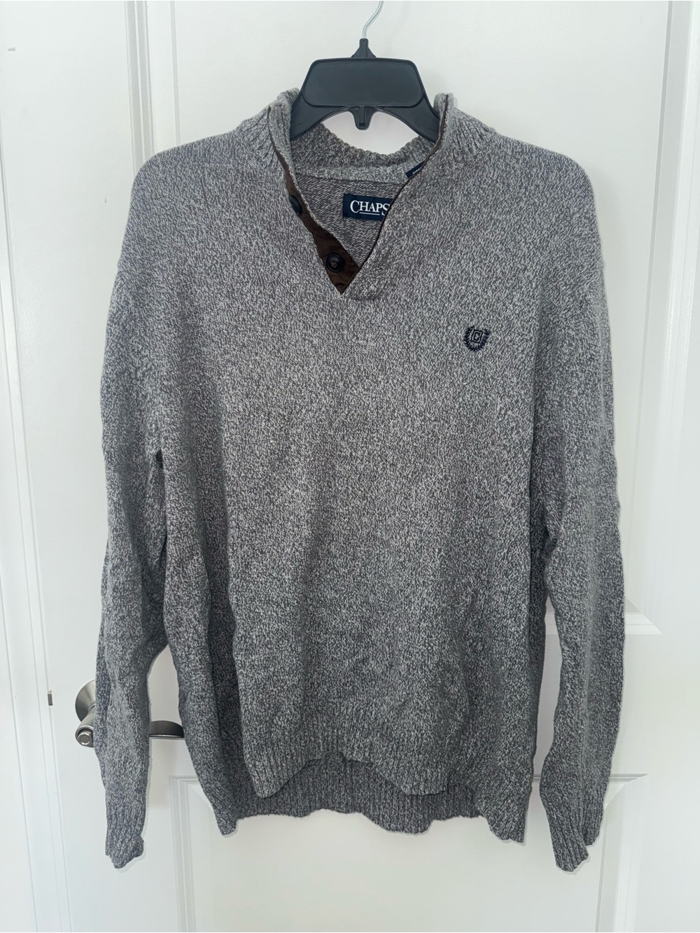 Chaps Men’s Gray Marled V-Neck Shawl Collar Sweater 100% cotton